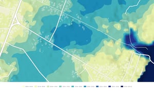 Modelled flood exposure map showing depth ranges around buildings and roads