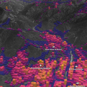 Three-dimensional value-weighted flood exposure view of infrastructure around Phuentsholing, Bhutan.
