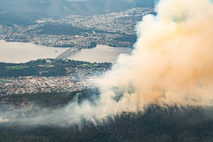 Aerial view of smoke over Hobart and the River Derwent