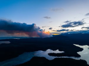 Smoke over Tasmanian hills at dusk